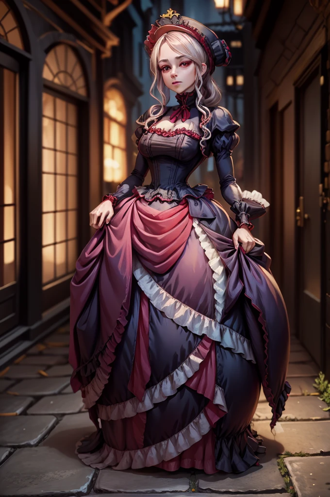 Noble ladies fashion full body in Victorian Era dress red, blue, green a conservative full body pose of a 1910 woman wearing a small hat and business attire and a long skirt , standing in a dark alleyway with gas lighting, a full moon in the background, beautiful character painting,Extremely dark 