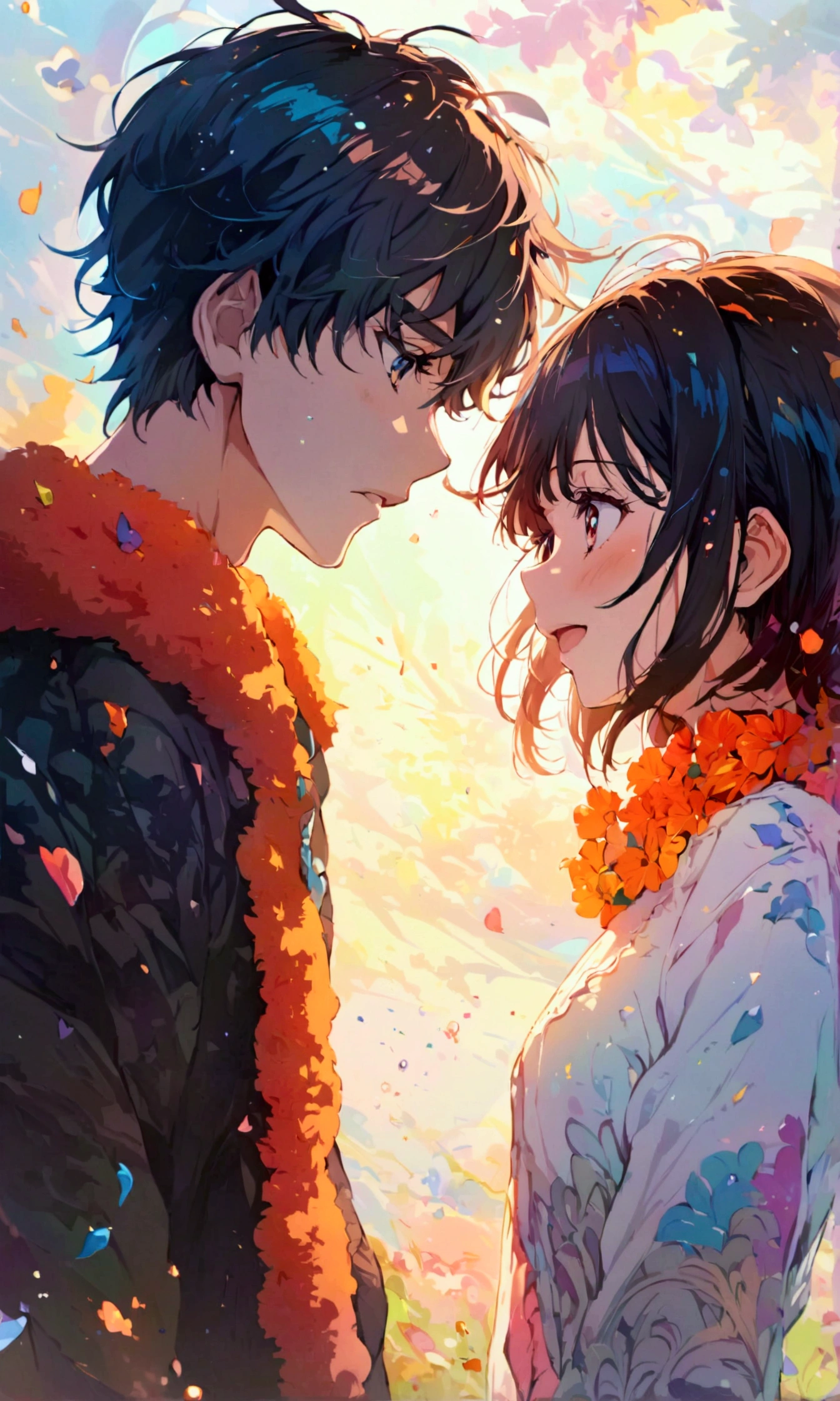 Detailed Anime illustration, dynamic view, awesome composition, moddy theme images, couples, 1girl, 1boy, colour chaos