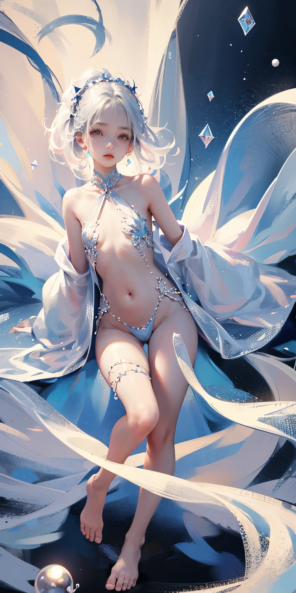 A girl、symmetry，Daughter，whole body female love，Put your hands together and bloom，（Very detailed:1.1），((small :1.2))、The eyes are well drawn、Charming eyes、Double tail、Wear jewelry and pearls around your neck，Transparent openwork、Deep V、Crystal Pearls、在Wear jewelry and pearls around your neck，white hair, show your thighs,  shoulders, Show clavicle, Yao Liu, barefoot，((whole body))、painful posture