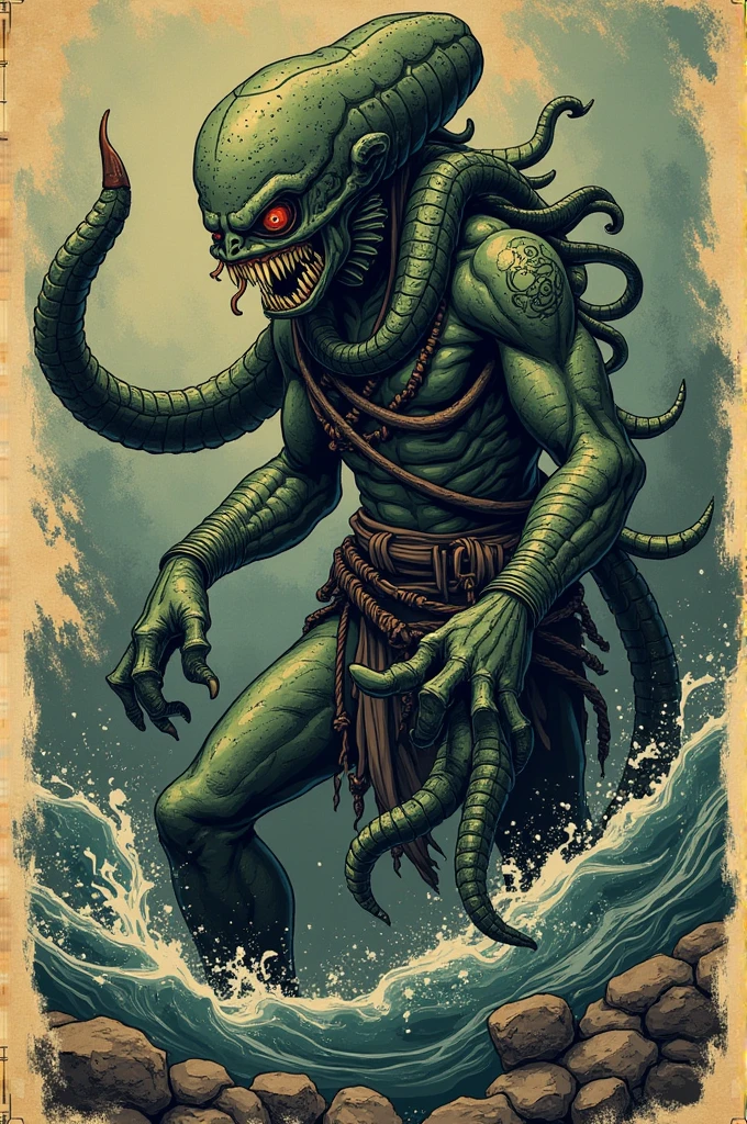 pulp fantasy art, chainmail loincloth,ominous storm clouds,tentacled monster, Hero's Trial Grounds, <lora:EnvyPulpFantasyXL01:1:1:lbw=ALL>