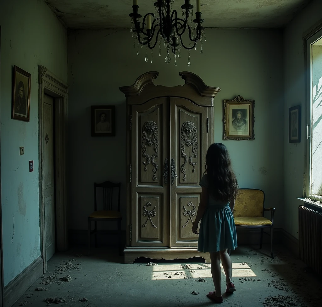 cantos de uma casa abandonada com pequenos seres de olhos fotomitos darkness realism HD, um fantasma mulher bonita de cabelos longos ruivos, 
vestido antigo verde   ela transparente, olhando ps seres