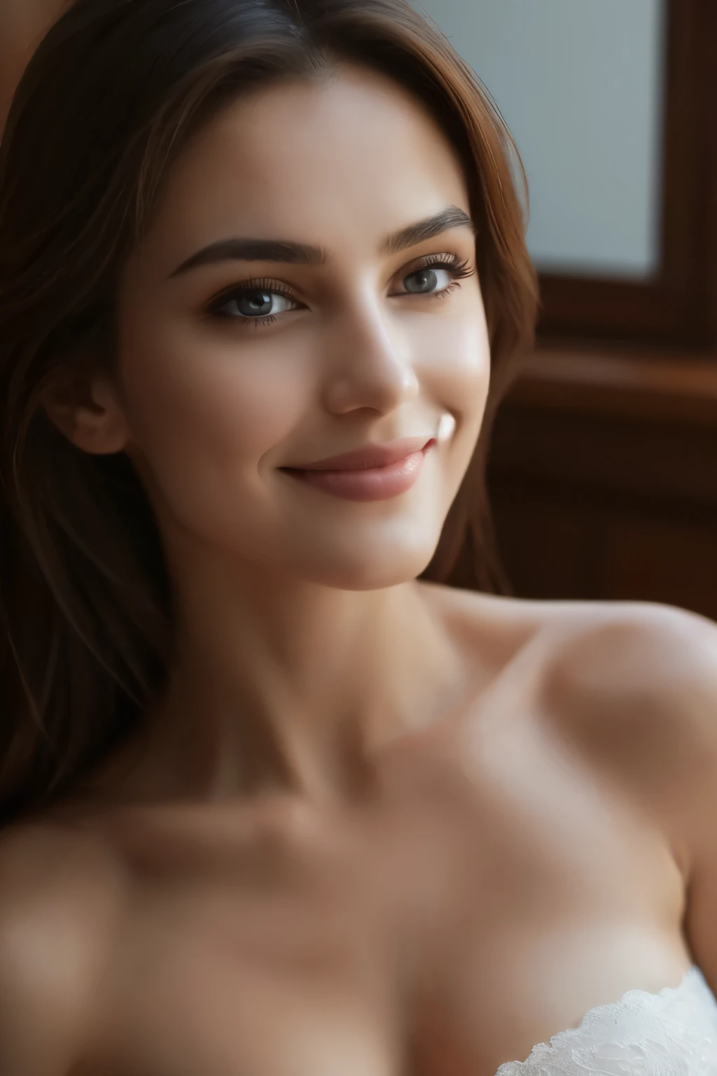 smile, Navy strapless bra, Ukrainian Beautiful Woman, masterpiece, high quality, realistic aesthetic photo ,(HDR:1.2), pore and detailed, intricate detailed, graceful and beautiful textures, RAW photo,16K, (bokeh:1.1), cinematic lighting, cool tone, focus on girl, 1girl, beautiful face, light-smile, smooth skin, juicy lips, eye_shadow, soft large breasts, ultra detailed, (Subsurface scattering:0.8), high resolution, world-class official images, impressive visual, perfect composition, bed room