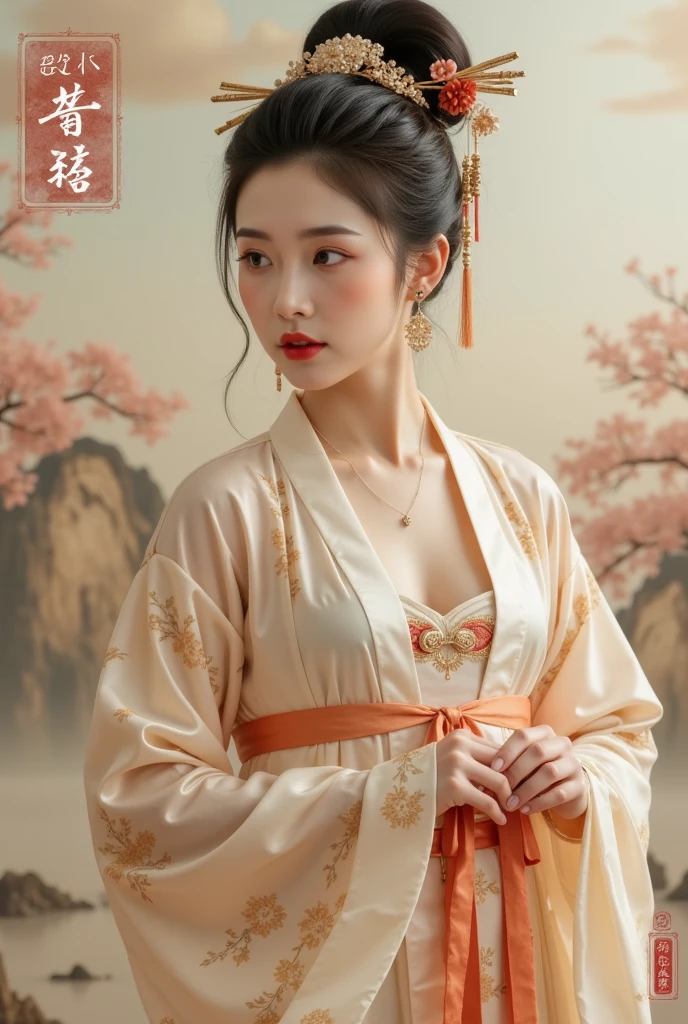 best quality, masterpiece, high resolution,1 girl,Pretty Face,whole body,Chinese clothes,White Taoist robe,(Gorgeous decoration),peach,