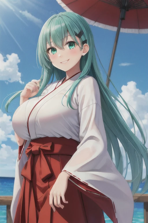 Best Quality, masterpiece,  Hi-Res, Alone, { white kimono:1.35}, {Red Hakama:1.35}, { wide sleeve :1.20}, {Suzuya_ fleet Korekushon :1.15}, length_hair, hair_ t I , Aqua_hair, hairclip, , breast, smile, Aqua_eye, green_eye, hair_between_eye, big_breast, green_hair,, (Perfect hands, perfect anatomy),
