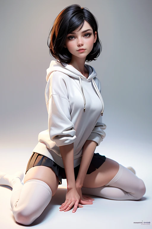 Young woman,  short black hair, brown eyes,  wearing a white hoodie, faux pleated black ,  white thigh-length stockings ,  masterpiece , super detail,  lyrics,  natural lighting ,  plain white background , without patterns, No textures.