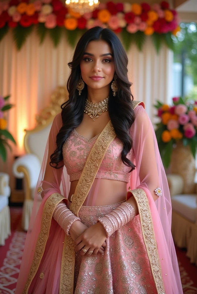 Create an ultra-realistic image of a stunning young woman of Indian descent, aged between 27 to 30, posing elegantly in traditional attire. She should have a warm and inviting smile, expressive almond-shaped eyes with a slight shimmer, and clear, glowing skin with a medium brown complexion. Her features should be well-defined, with high cheekbones and a sharp jawline. Her hair should be long, thick, and wavy, with a natural shine and bounce, styled in loose waves.
She has a bust size of 46 inches, prominently displayed with 70% of her bust visible. She is dressed in a black blouse with sheer, embroidered sleeves, and a vibrant pink lehenga with intricate detailing. Her makeup is flawless, with well-defined eyes, soft pink lips, and a natural glow. She wears a delicate maang tikka and earrings that add a touch of traditional charm. The background is softly lit, creating a warm and intimate atmosphere.
Her expression is calm and composed, with a slight tilt of her head resting on her hand, exuding grace and poise. Her overall appearance should exude confidence, approachability, and sophistication, capturing the essence of a contemporary Indian fashion influencer in traditional attire.
