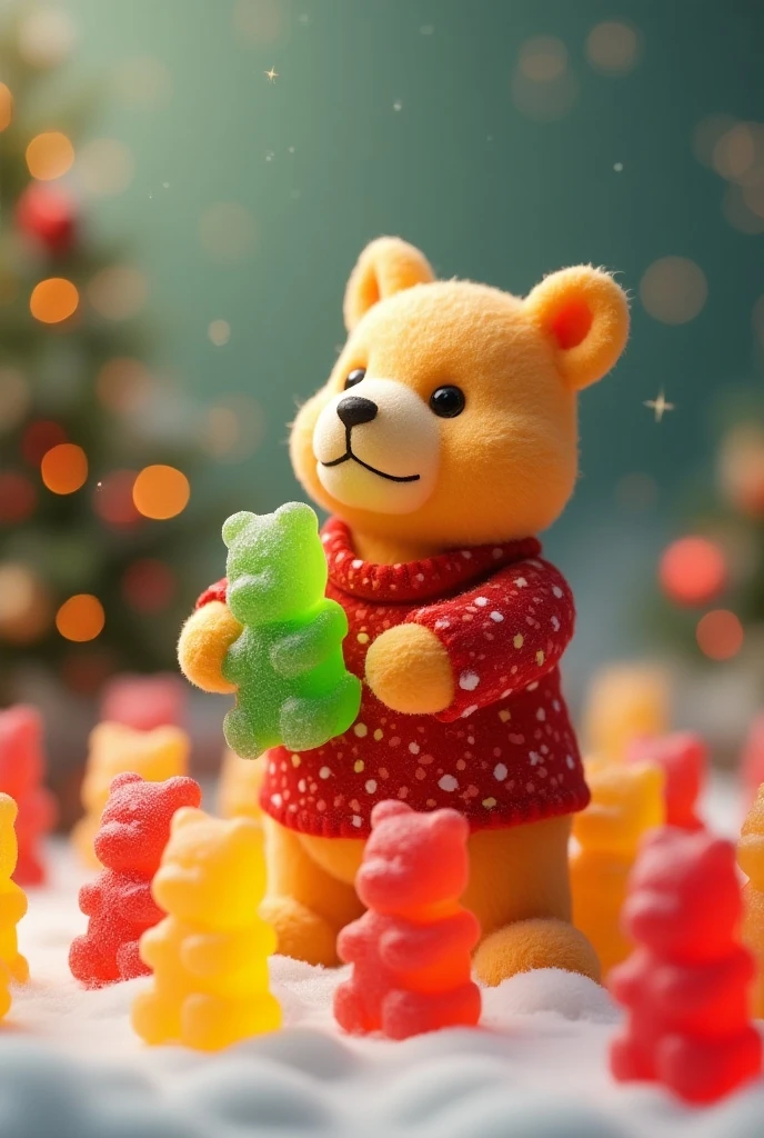 Lots of gummy bears、 colorful 、 Fantasy、 realistic wearing kurta、 Christmas ornaments on the background、3d