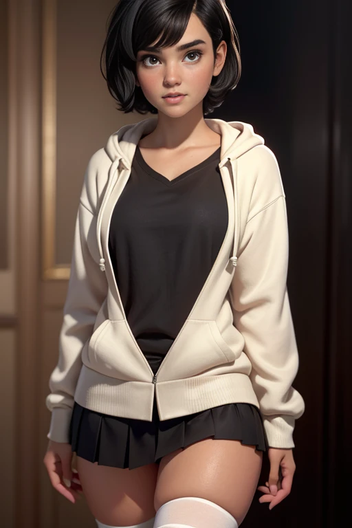 Young woman,  short black hair, brown eyes,  wearing a white hoodie, faux pleated black ,  white thigh-length stockings ,  masterpiece , super detail,  lyrics,  natural lighting ,  plain white background , without patterns, No textures.