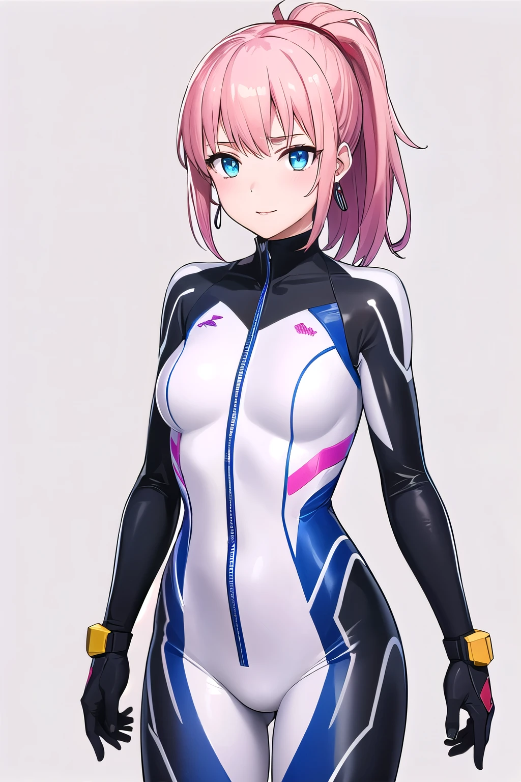 1girl,Samus aran,solo,blue eyes, pink hair, forehead hair,(pokey game:1.4), Pinky beige body suit, black lace-up boots, a pair of oversized silver hoop earrings, a high ponytail, a light pink background, a playful expression, and a relaxed posture,(cowboy shot:1.2),blush,,ultra-detailed, sharp focus,aesthetic,(best quality), (white background:1.2), Urethane material, glossy, shining, spread arms,
