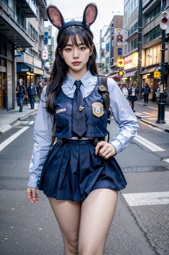 Japanese female police officer in uniform, mini skirt, police officer, Rabbit officer, has rabbit ears, brown rabbit ears, in the street, ((thick thighs)), (((realistic))), (((High resolution)))