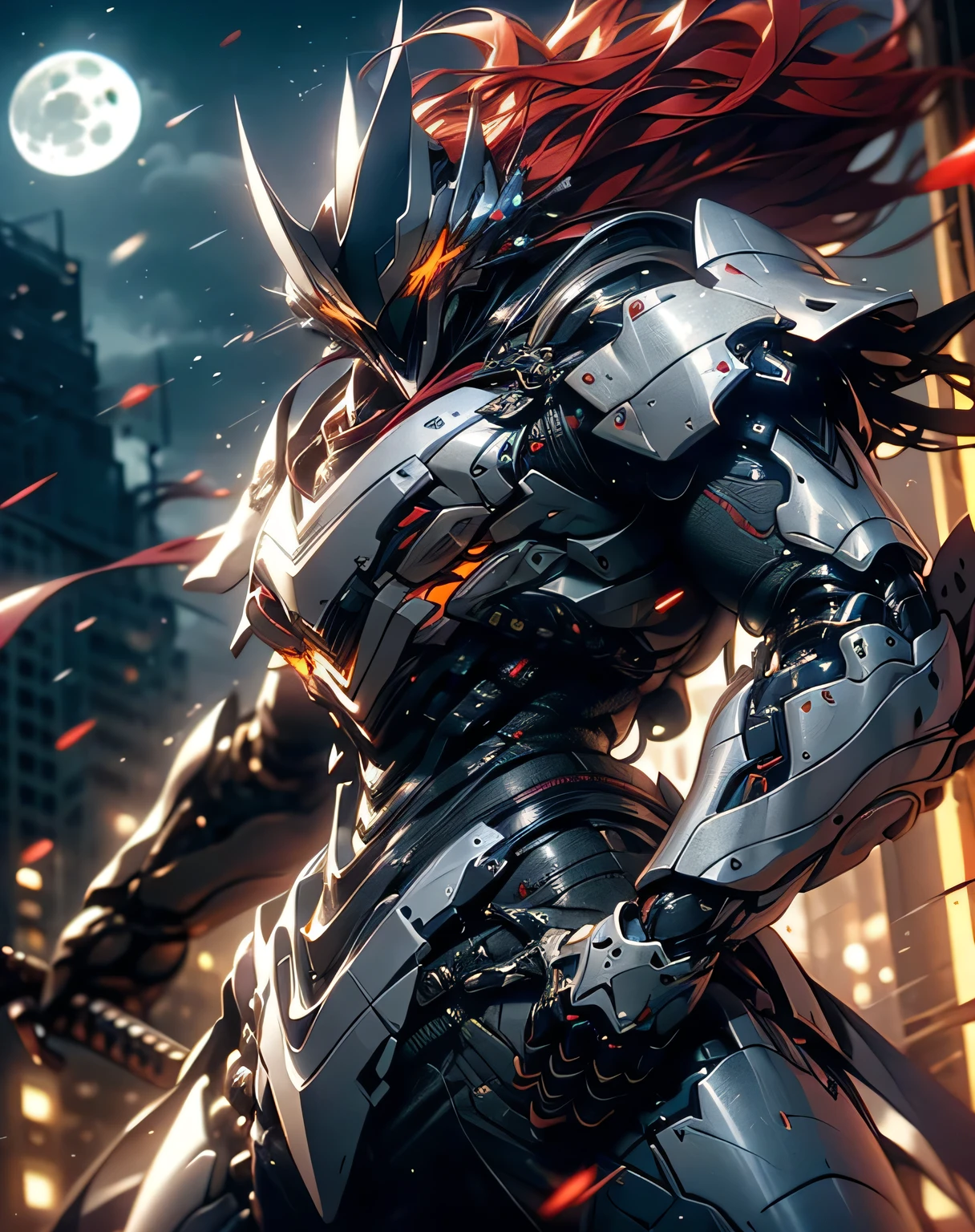 ((A slender person wearing red exo armor is acting violently)), (The arm holding the sword is moving violently), rendered in Unreal Engine 5 , Black Octane Rendering, Super detailed with octane rendering , rendered with 8K Unreal Engine , rendered with Unreal Engine 6 , Streamlined red armor , high detail iconic characters , 8k octane rendering photorealistic , Unreal Engine 5 rendering , rendered with Unreal Engine 5 , metallic, manipulating a sword that emits light, It's discharging into the air, Blur effect , My eyes are glowing green, (from side and below: 1.5), (( Slim Body )), ((Big full moon, moonlight)), EdobLandscapeAlpha, (32K, Ultra High Definition), Long silver hair tousled by the wind , ( Strong Wind Blowing )