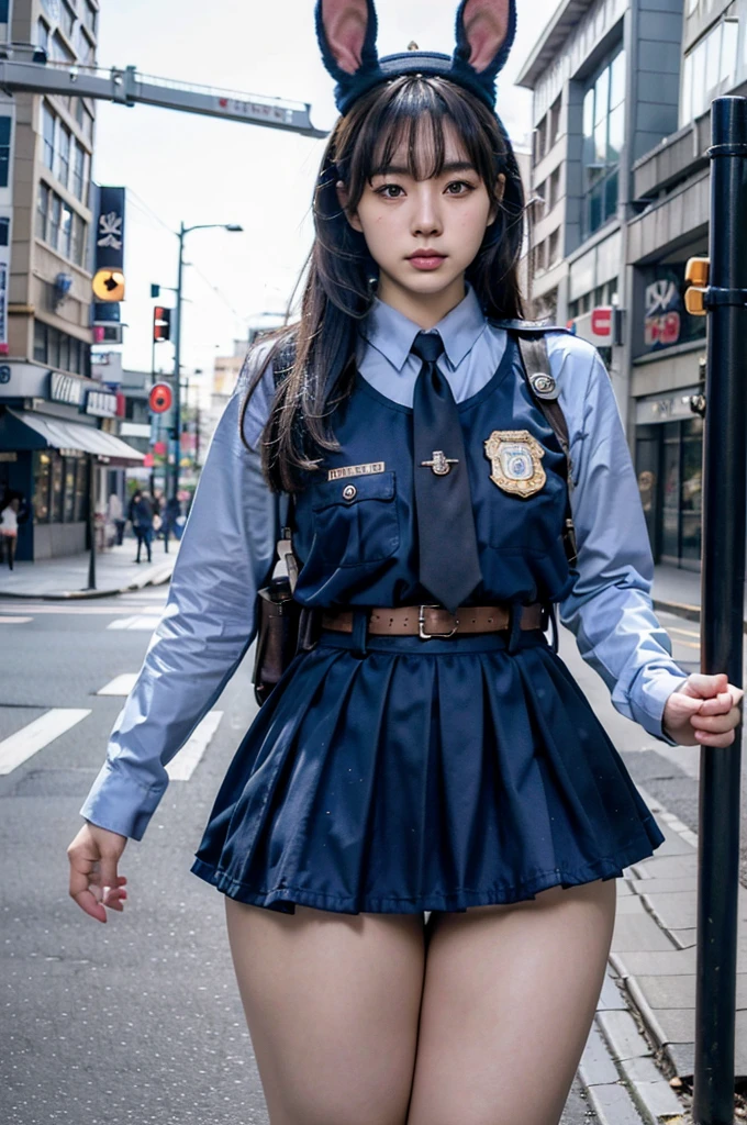 Japanese female police officer in uniform, mini skirt, police officer, Rabbit officer, has rabbit ears, brown rabbit ears, in the street, (((thick thighs))), (((realistic))), (((High resolution)))