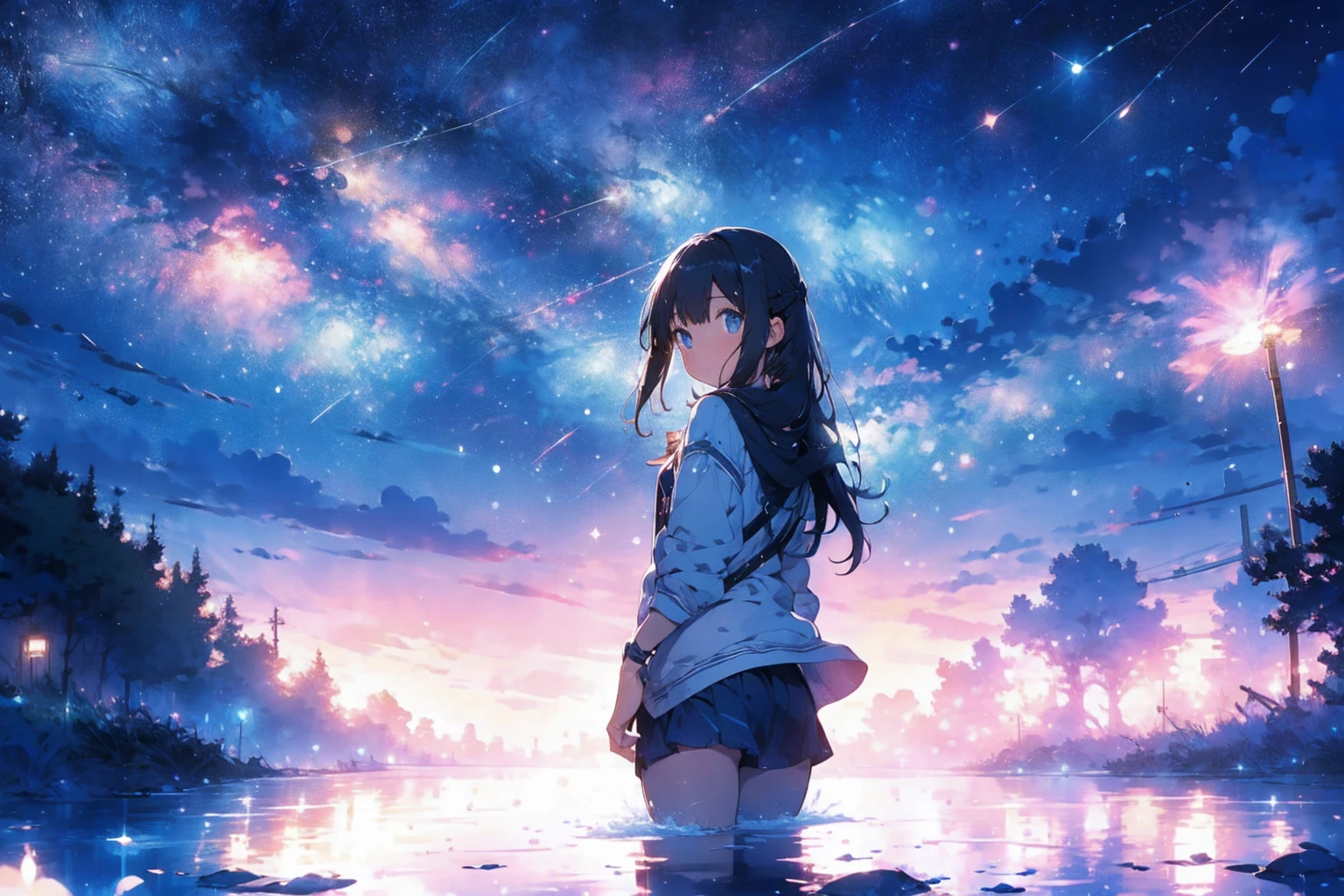  sparkling underwater fireworks ,Cinema Light, starry sky ,水面に映る starry sky , white whales swim in the sky, 1 girl