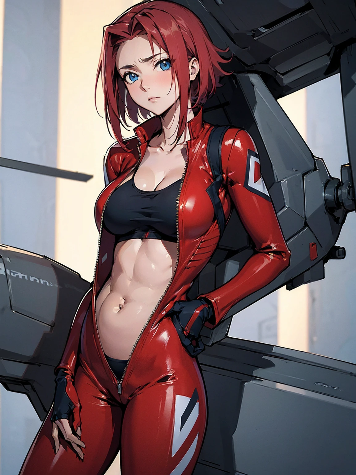  Karen Kouzki、masterpiece,Best Quality、 super high image quality 、Exquisite depiction、Detailed texture expression、 best quality, masterpiece,  Hi-Res, 、, belly button,  clevis,  is standing, clavicle, (Open red pilot suit clothes), full body, ,  abdomen, Blue Eyes, ,  Sports Bra , , , (Great hands), woman  is standing in tokyo at midnight,Pull down the pilot suit zipper
