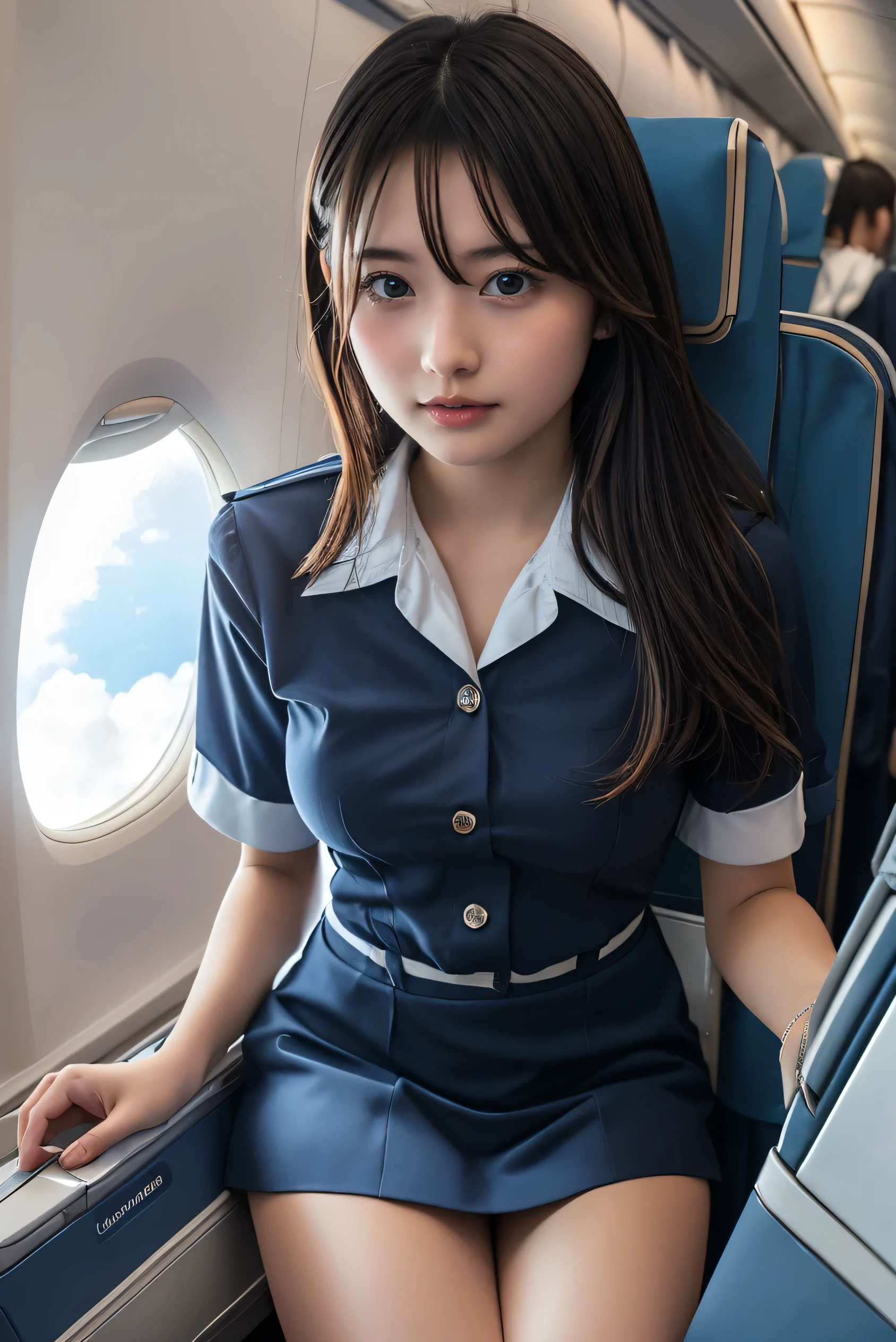 Best Quality, masterpiece, 8k, Ultra High Definition, ( photorealistic : 1.4), 1 girl, Facial beauty, symmetrical eyes, big, Perfect figure, Stewardess uniform, Viewers' Perspective , (In-flight: 1.2), Front View, Shoulder jump, Absolute territory (1.3),