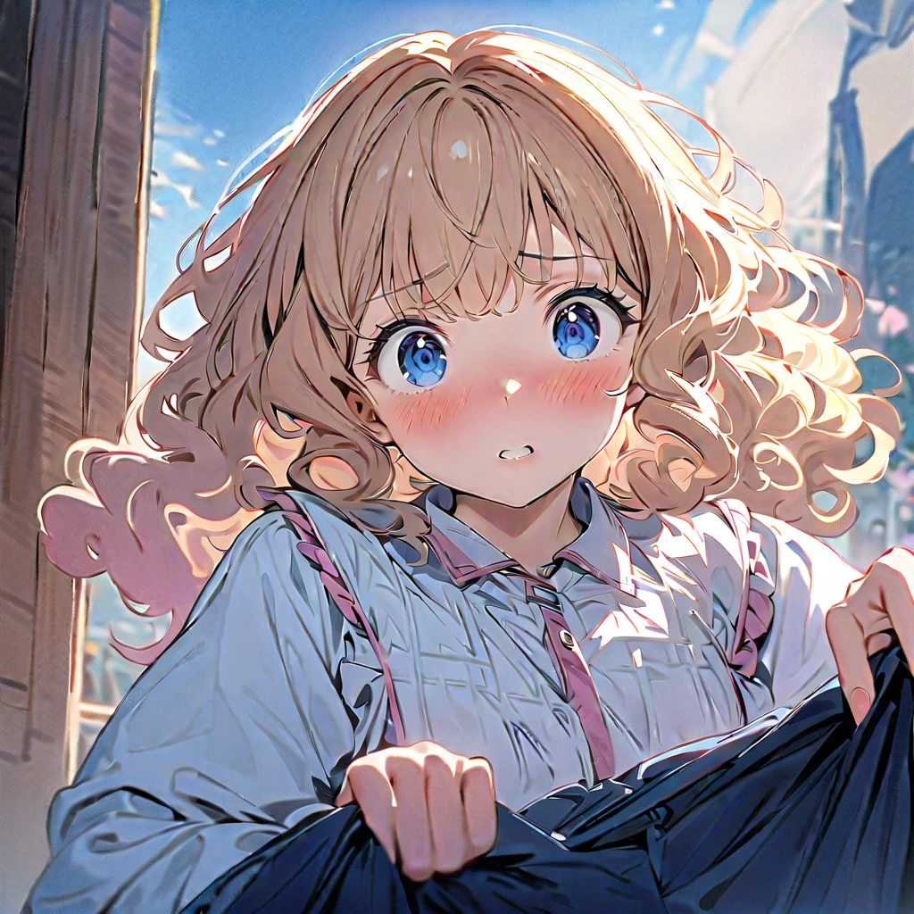 (((masterpiece))),(((Best Quality))),((( Extremely detailed))),  1 girl, Alone, Yanami_Anna (Make-in),   dark blue eyes, Blonde, Thick Hair, curly hair, Double Exposure,  embarrassed face,  excited , skirt lift ,  can be lifted by itself,nsfw