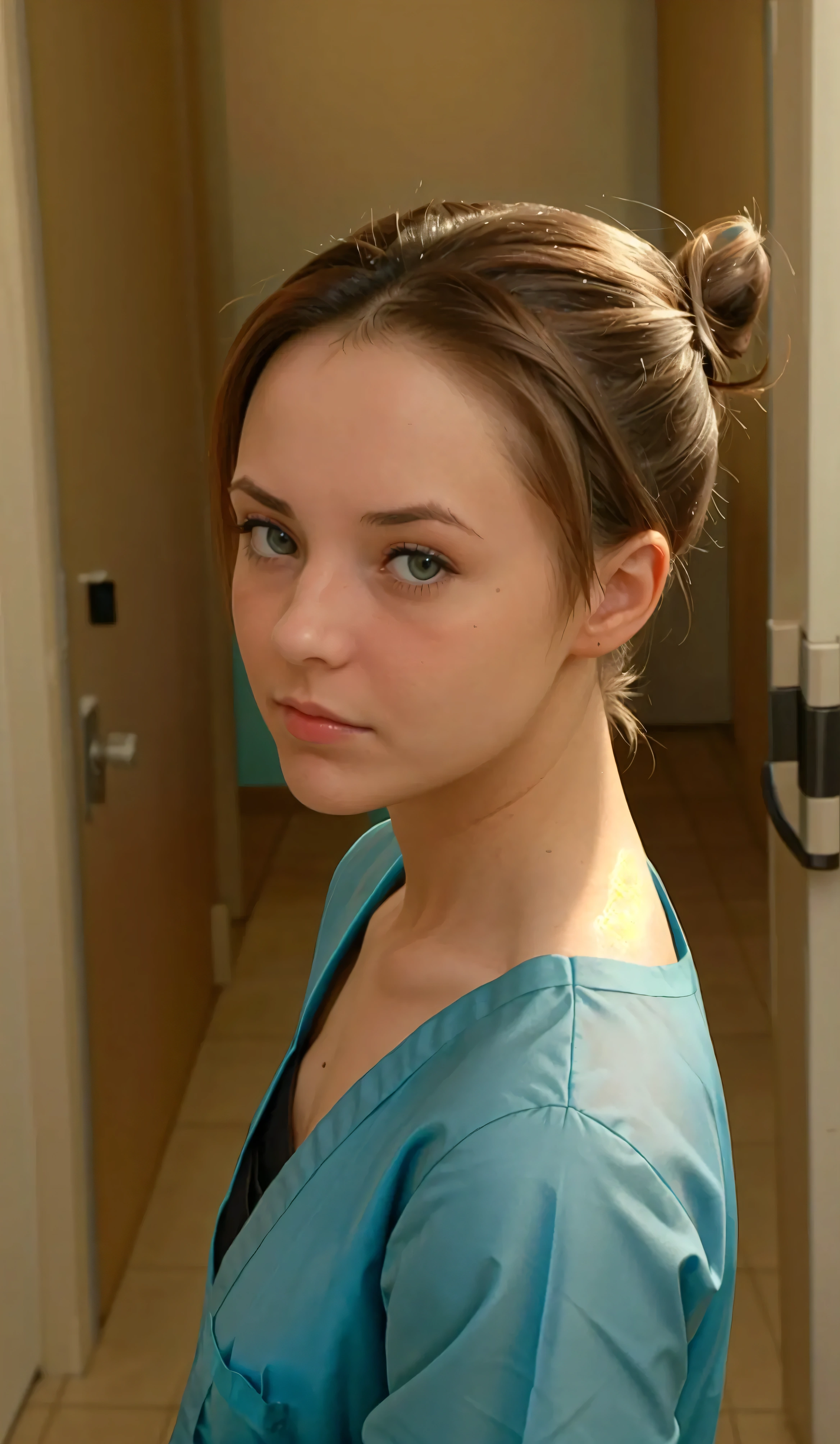 young californian woman, s , face from exact front perspective face from exact front perspective, wearing teal surgical scrubs, short hair tied in a bun / chignon, perspective from above