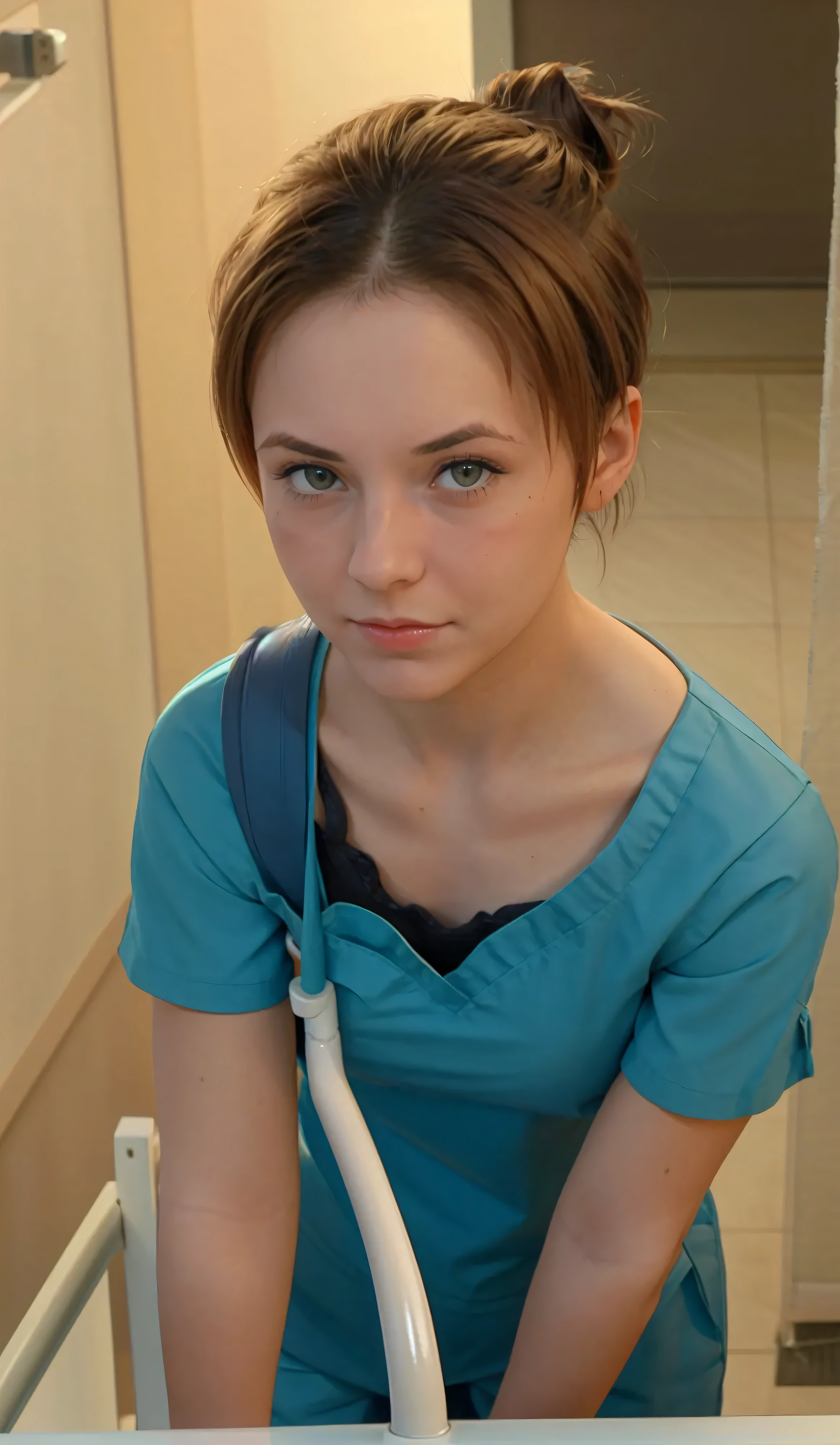 young californian woman, s , face from exact front perspective face from exact front perspective, wearing teal surgical scrubs, short hair tied in a bun / chignon, perspective from above