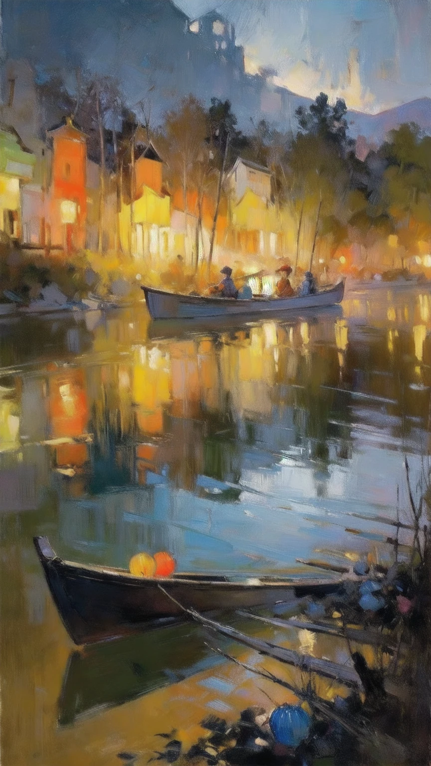  oil on canvas , impressionism,(masterpiece,  Best quality ,  pompous skirt,  better shade),( detailed background),realistic ,(Rembrandt),  floating lanterns in a dark sky ,  a canoe floating in the middle of a river in Thailand, beautiful oil-painted image ,  Color Field Painting , (large swathes of color):1.2, Abstract expressionism, bold tones, emotional impact,  atmospheric depth ,  Colorful painting but with color composition .