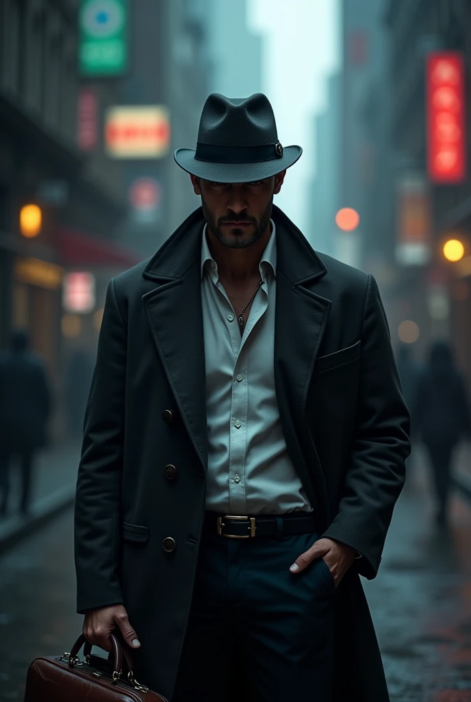 A sad man, short beard, wear hat, standing on the skycraper building with their loneliness, anger on the face, soaked wet building, rainy night, detailed portrait, wet in the rain, thunder lighting in the sky, dynamic pose, model pose, realistic face, detailed blue hairs, red eye lense, ray tracing with 8K UHD resolution.