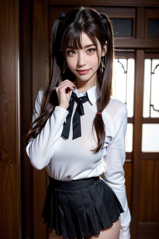  twin tails, school uniform, BLACK SAILOR SUIT , long sleeve,skirt,Thigh length, jewellery, earrings for a woman alone, is standing,
Best Quality, highly detailed, masterpiece,  absurd,8k,   photoRealistic, Realistic, detailed ed skin texture ,Detailed pupils, Hi-Res,Natural Light,
 1 girl,Alone,( happy :1.1),(smile:1.2), short hair,Brown Hair,(Angular face:1.2),Shining Face, big breasts at the temple,  thin waist, Lip Makeup,