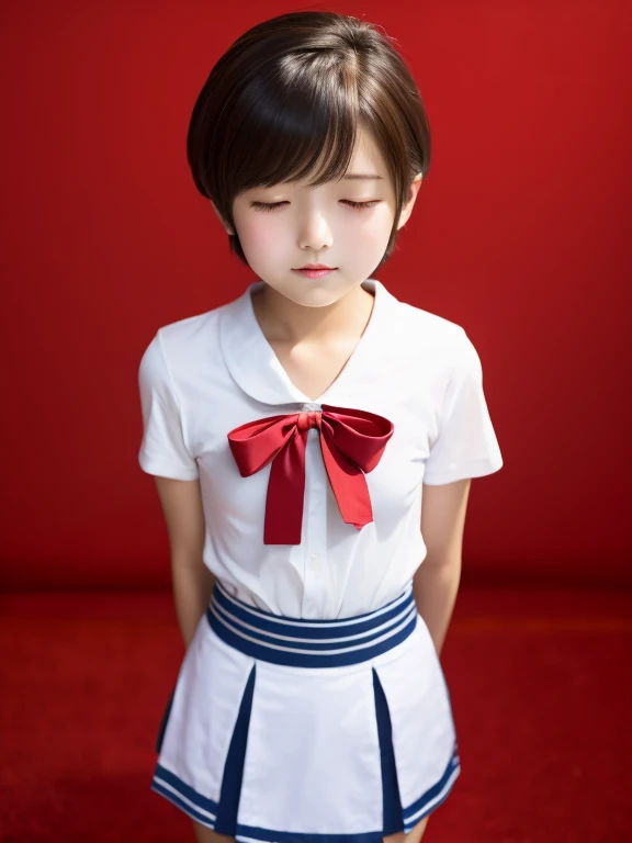 1boy, wearing casual skirt panties, high heels, Japan, incoming kiss, crying, black short hair, simple background, hands behind your back, standing, red ribbon, front view, from below,