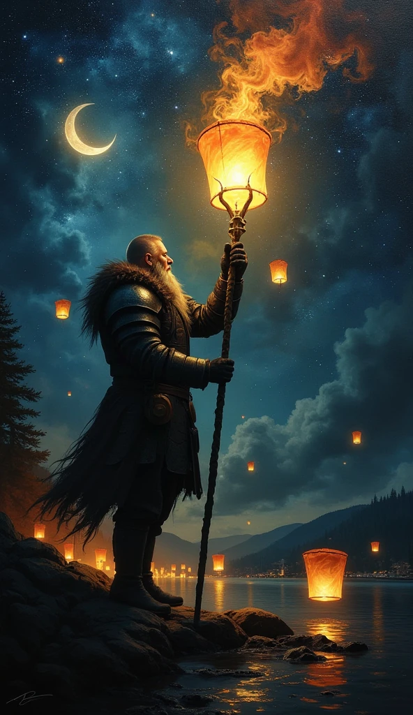 fantasy, oil painting, powerful and might viking, lets go of floating lanterns on river that go to the sea,farewell to fallen comrades, detailed, night, 