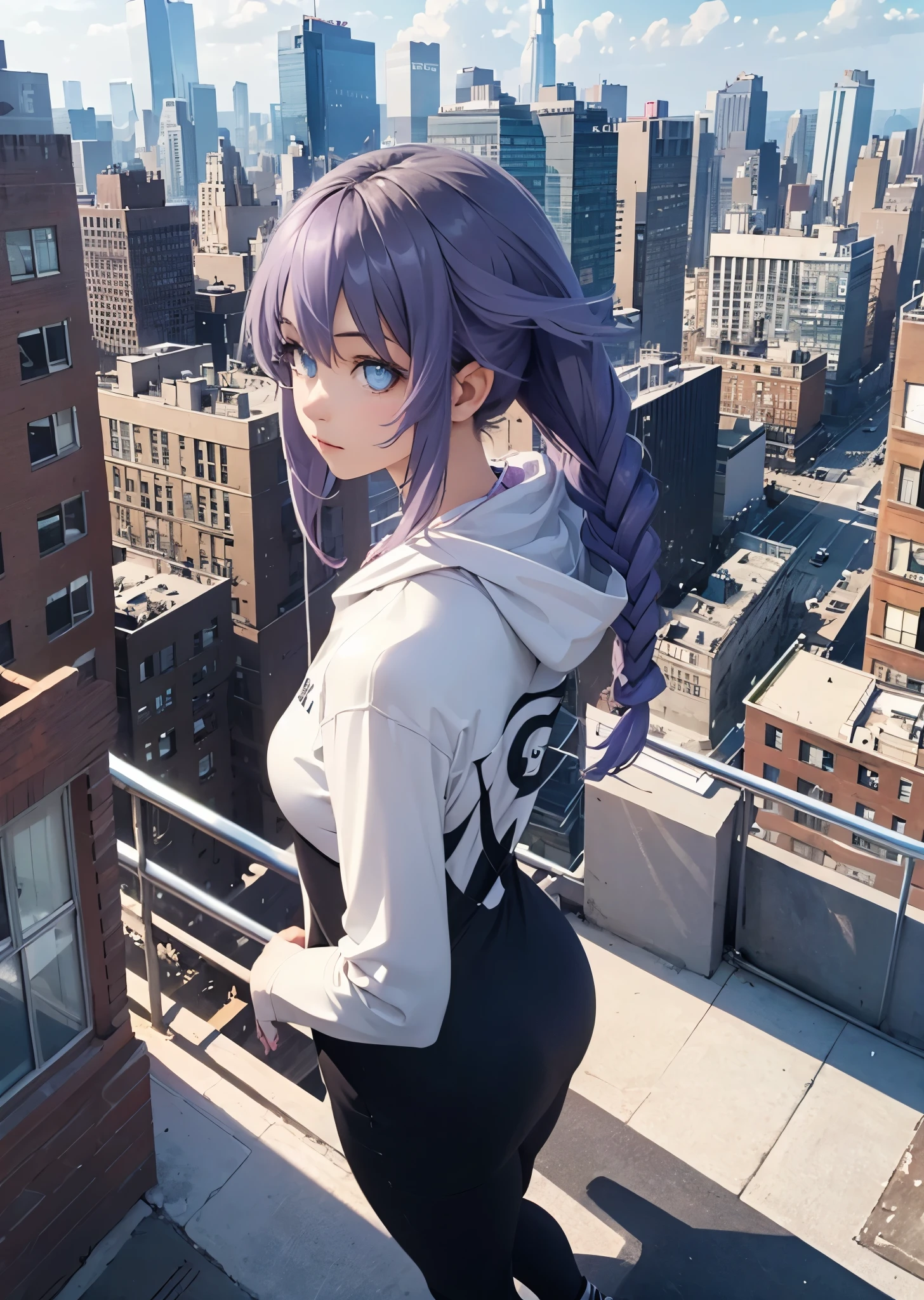 She is on a rooftop looking at a New York cityscape in a very detailed background , she turns her back on the image and you can't see her face she wears a Gwen hoodie and you can see her pigtails on the sides of her hood