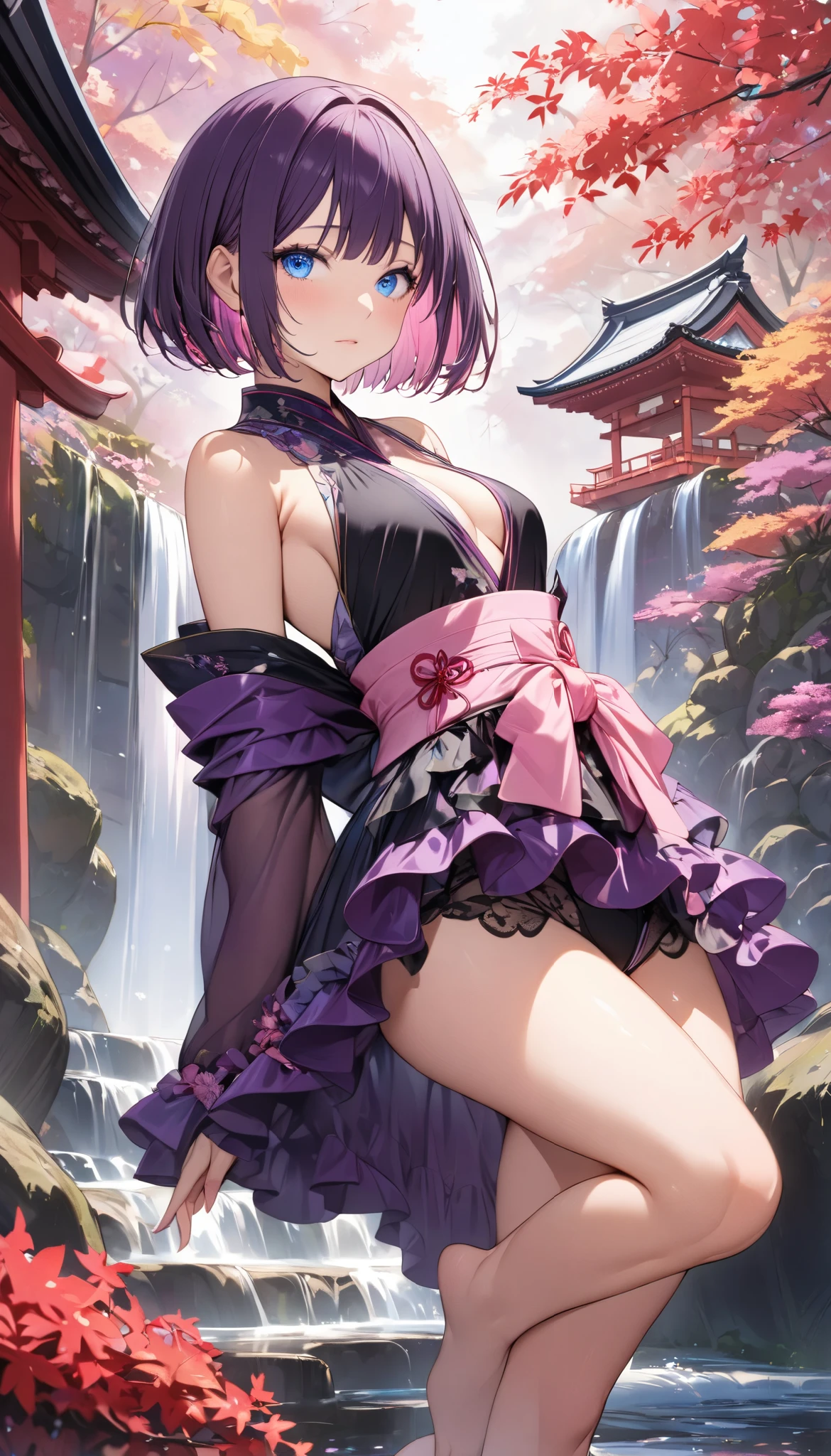 Ultra-realistic 8K CG,tmasterpiece,((Ultra detailed backgrounds,delicate patterns,Complicated details)),Best quality at best,very vey very detailed face,very detailed eyes and faces,Very detailed eyes,Kochou Shinobu,O cabelo multicolorido,No bangs,hair intakes,Purple eye,Forehead,Black shirt,Black pleated skirt,haori,butterflys,obi strip,(trpical garden:1.2),purple flower,mostly cloudy sky,rays of sunshine,Tyndall effect,Gradient_sky,the face,beautiful sky,Saber on the waist,captivating posture,(Large breasts:1.3),(cleavage:1.3),(Off-the-shoulder attire:1.5), black leather thigh high socks