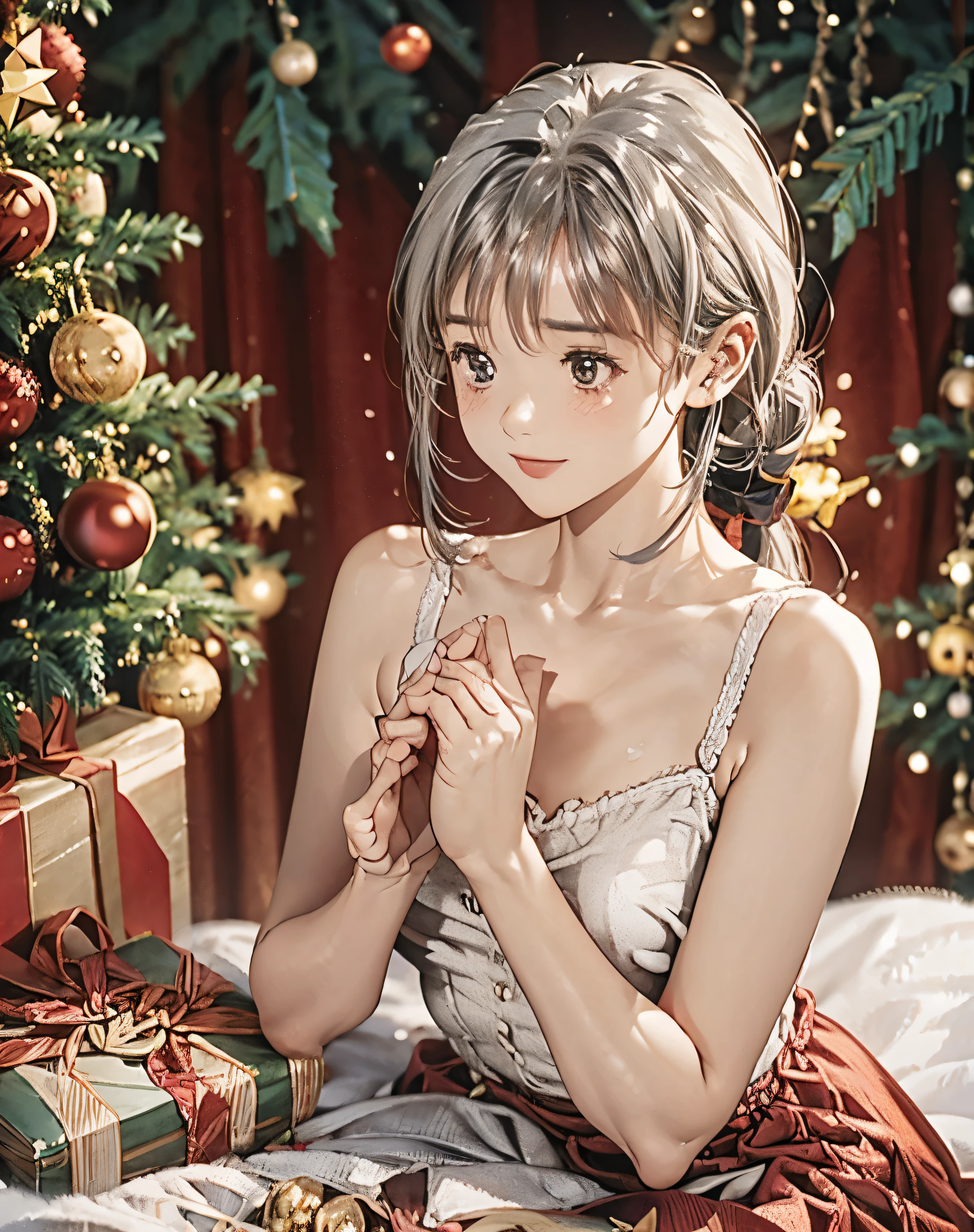 in 8K,Best Quality, Hi-Res, The truth, intricate detail ,超A Hi-Res, depth field ,Masseter region, natural soft light , Professional Lighting , 1 girl,(cute:1.2), Very Beautiful Girl ,(  Silver Hair ),( ponytail),Perfect Skin,shiny skin, pure white skin , fine skin, big, rich breasts,(( complete anatomy,Great hands,Perfect hands, , Precise Fingers Without Feeling Incongruous )),Perfect Barefoot,Delicate legs, Perfect balance ,(Christmas girlfriend))、(( Christmas costume )),  anime girl,Iori, glasses ,  Very Beautiful and Bustful 、(( smiling shyly 、Glasses)、((Look this way、Shy、Teary-eyed)、background： Christmas、Snow is falling、 imaginary、