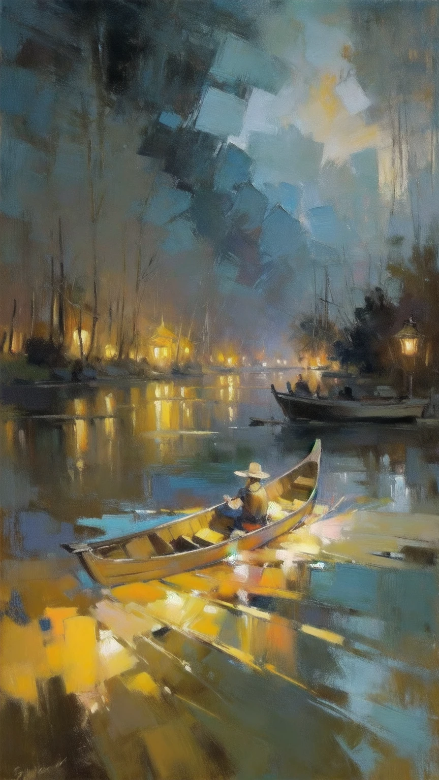  oil on canvas , impressionism,(masterpiece,  Best quality ,  pompous skirt,  better shade),( detailed background),realistic ,(Rembrandt),  floating lanterns in a dark sky :1.5,  a canoe floating in the middle of a river in Thailand, beautiful oil-painted image ,  Color Field Painting , (large swathes of color):1.2, Abstract expressionism, bold tones, emotional impact,  atmospheric depth ,  Colorful painting but with color composition .