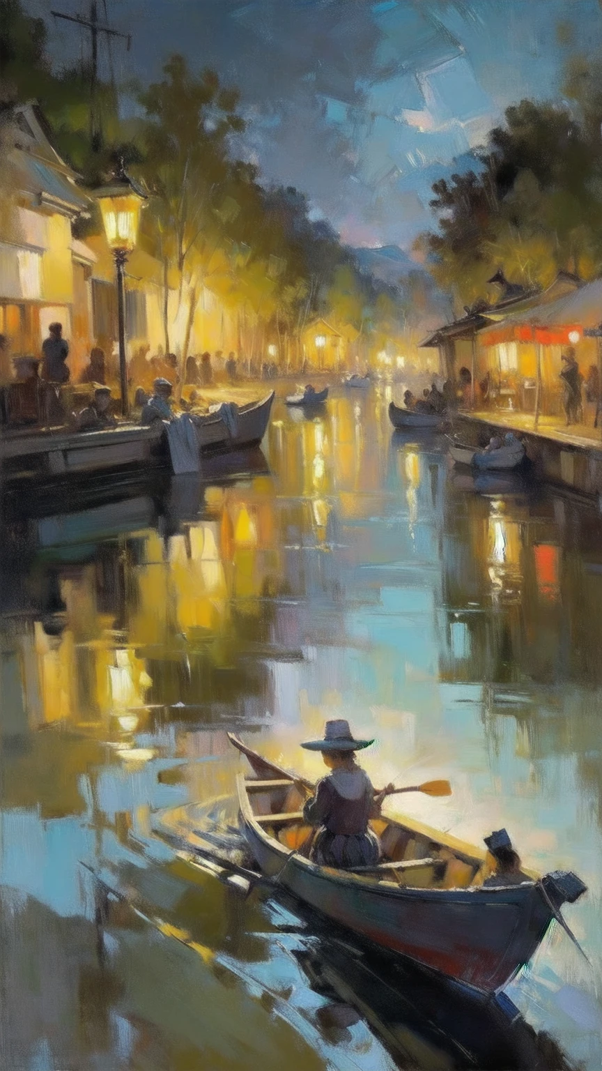  oil on canvas , impressionism,(masterpiece,  Best quality ,  pompous skirt,  better shade),( detailed background),realistic ,(Rembrandt),  floating lanterns in a dark sky :1.5,  a canoe floating in the middle of a river in Thailand, beautiful oil-painted image ,  Color Field Painting , (large swathes of color):1.2, Abstract expressionism, bold tones, emotional impact,  atmospheric depth ,  Colorful painting but with color composition .