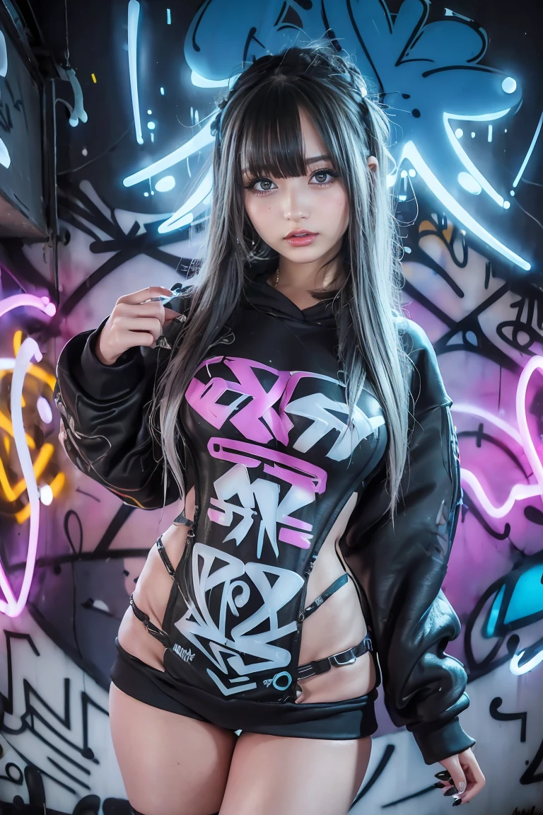  Big, Perfect Breasts  ((Space Punk Girl)),((( 1 girl))),((beautiful Girl)), (( saggy breasts during pregnancy)), ((Grey Hair, Dirty black hair, Colored inner hair)), Long Hair , (( Intricately Cut Hair )), ((( Graffiti Art on Clothes : 1.4))), beautiful detailed eyes,  very sexy body , (((( Short Sweatshirt ,  Short Sweatshirt , ) )) flowing cyberpunk skirt,  Woman Touching Man's Thighs , Show some skin, (((( underbust)))(cyberpunk clothes, Complicated clothes, Complicated clothes)))  wide hips, Moving Objects , Sexy Legs, Detailed bodies , ((  Details Faces  )), (Clothing doodle), ( Half naked , Dress up a bit , barefoot) (( Sexy Poses)), Alone,  is embarrassing,  Hi-Res,  sharp concentration, (Super detailed,  very detailed), (perfect art) ( very detailed), ((( Vivid Colors))), (Background Complex), ( table tops), (Best Quality),  Synthwave Neon Color , (((beautiful, Conclusion,  charming,  erotic ))), (((nsfw))), cyberpunk seaside town at night,  Light Dark Storm Clouds and Neon Sign Pool, scenery: 1 , 30,