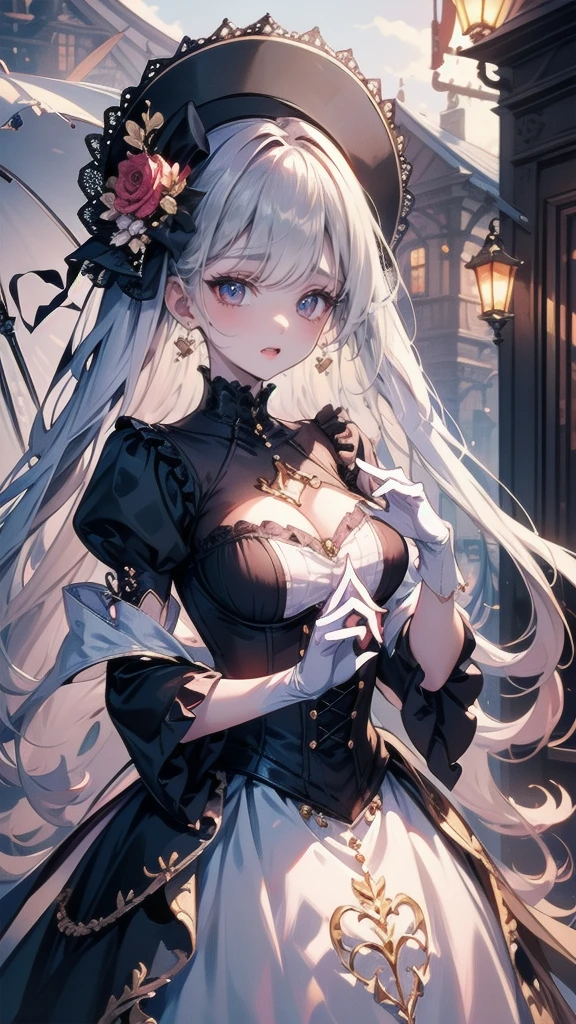 High resolution RAW color art, animation,Sculpture, Silver Marble Skin, (((Highly detailed chic))), Magical atmosphere, Detailed skin, Detailed eyes、Detailed Hair、Detailed Fashion、texture,(Exquisitely crafted, The finer details, Ultra-detailed art), Depth of written boundary, Bokeh, Silky Touch, Hyper Detail,Beautiful Eyes, Elegant face, Up to the knees, Sunset sky, View from below, eye shadow、long hair、straight、Low Ponytail、Black clothes、Attractive breasts、Shoulder exposed、Robe、Smile