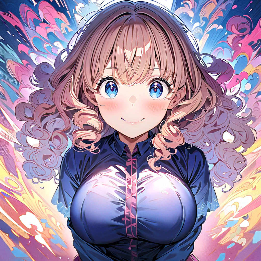 (((masterpiece))),(((Best Quality))),((( Extremely detailed))),  1 girl, Alone, Yanami_Anna (Make-in), Big Breasts,  dark blue eyes, Blonde, Thick Hair, curly hair, Double Exposure, smile,  excited ,