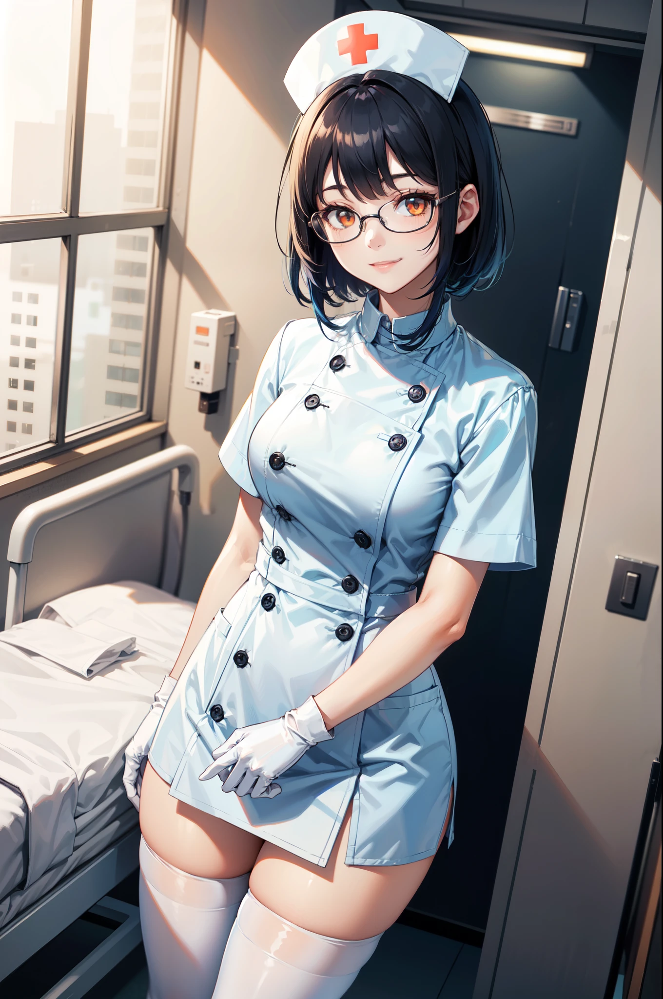 1woman, solo, nurse, white nurse cap, white nurse uniform, ((white legwear, zettai ryouiki)), white gloves, glasses, blue hair, orange eyes, pink lips, no impression, standing, ((hospital room)), sharp outline, short sleeves, mature female, 35 years old, best quality, masterpiece