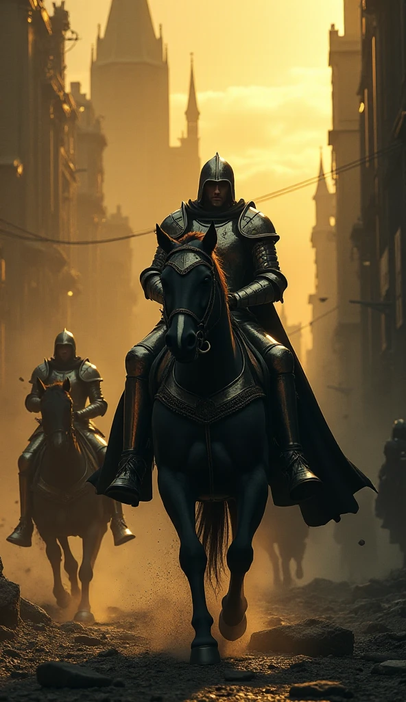 a knight riding a horse through a dark and chaotic city, mysterious figures in the background, apocalyptic atmosphere, gothcore style, detailed portrait, magali villeneuve art, dark gold color scheme, jason a. engle, best quality,4k,8k,highres,masterpiece:1.2,ultra-detailed,realistic,photorealistic,photo-realistic:1.37,HDR,UHD,studio lighting,ultra-fine painting,sharp focus,physically-based rendering,extreme detail description,professional,vivid colors,bokeh