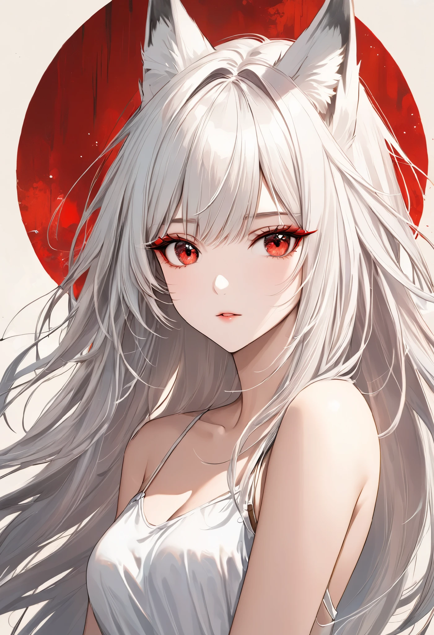  Thin and Soft Painting Style、((Red eyeliner)), The Fox's Sexy Sister 、White Hair、long hair、 fox ears、Fox&#39;s Tail、Slanted Eyes、 Red Eyes,Sexy Illustration 、 beautiful background