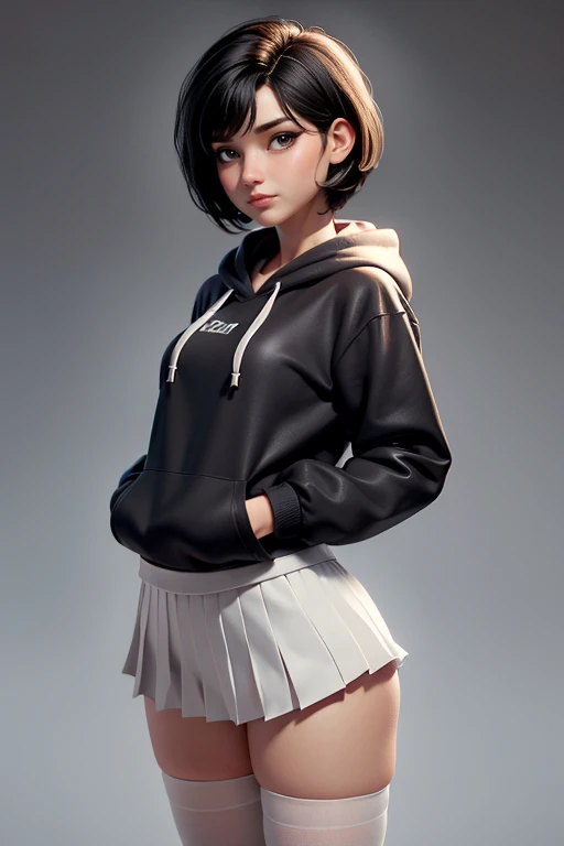 Young woman,  short black hair, brown eyes,  wearing a white hoodie, faux pleated black ,  white thigh-length stockings ,  masterpiece , super detail,  lyrics,  natural lighting ,  plain white background , without patterns, No textures.