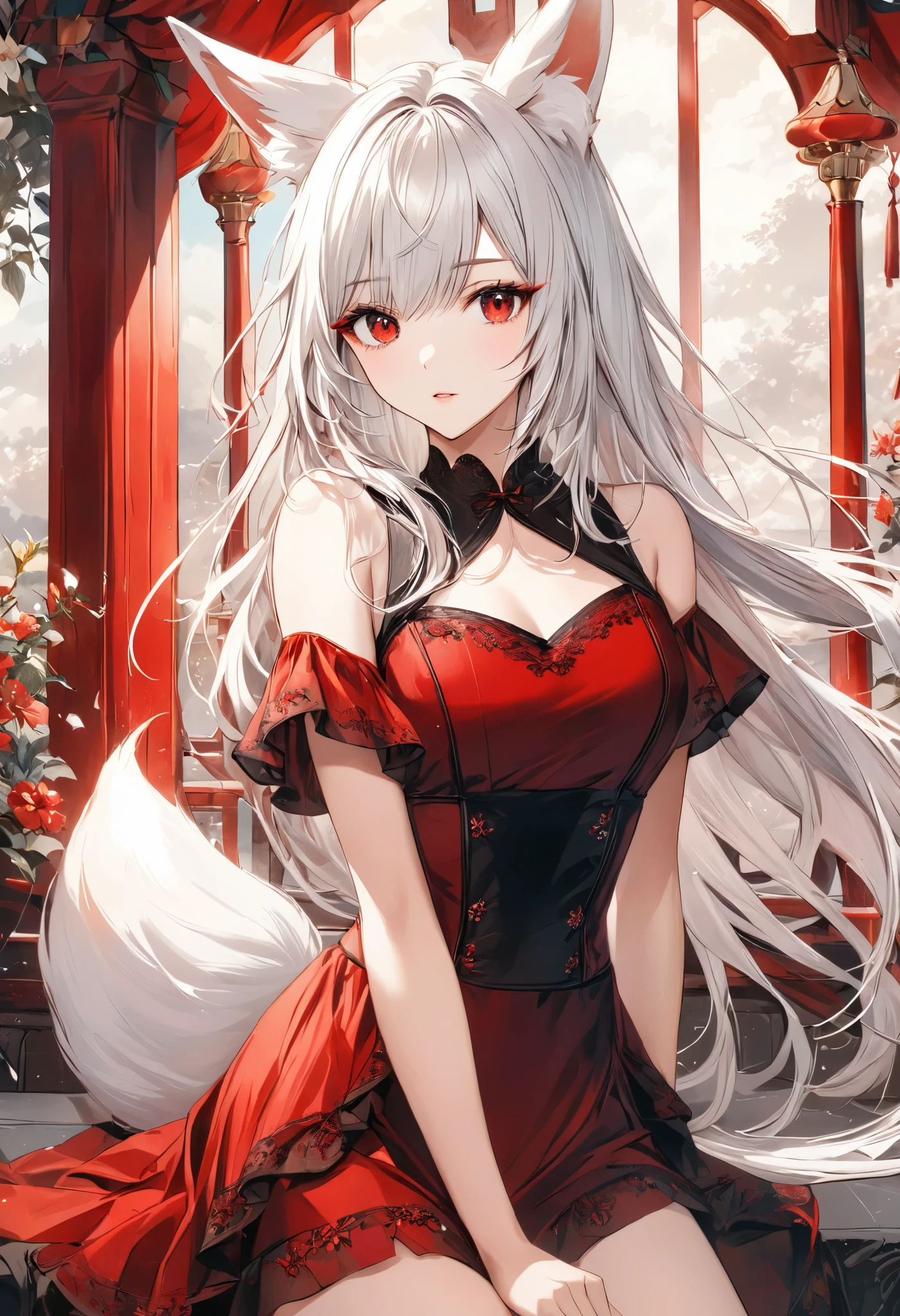  Thin and soft painting style、((Red eyeliner)), The Fox's Sexy Sister 、White Hair、long hair、 fox ears、Fox&#39;s Tail、Slanted Eyes、 Red Eyes,Sexy Illustration 、 beautiful background