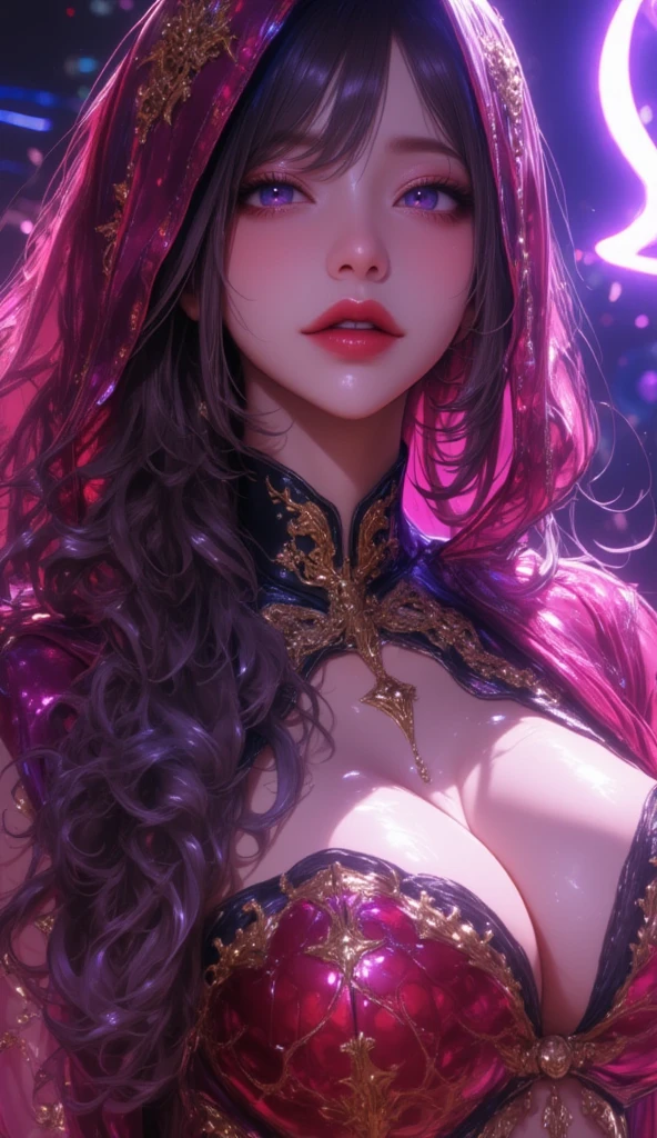  Young Beautiful Woman ,(Best Quality, very detailed depiction, unbelievably absurd high definition ,High quality anime drawings:2.0), sexy belly dancers,Gorgeous belly dance costumes,(( face veil hiding the lower half of my face:2.0)), golden accessory,Glowing purple eyes,Crazy Eyes, bewitching smile:2.0, big breasts at the temple,Glossy lipstick,sweat,I'm opening my mouth ,Seductive gestures:2.0,background:Bedroom at night