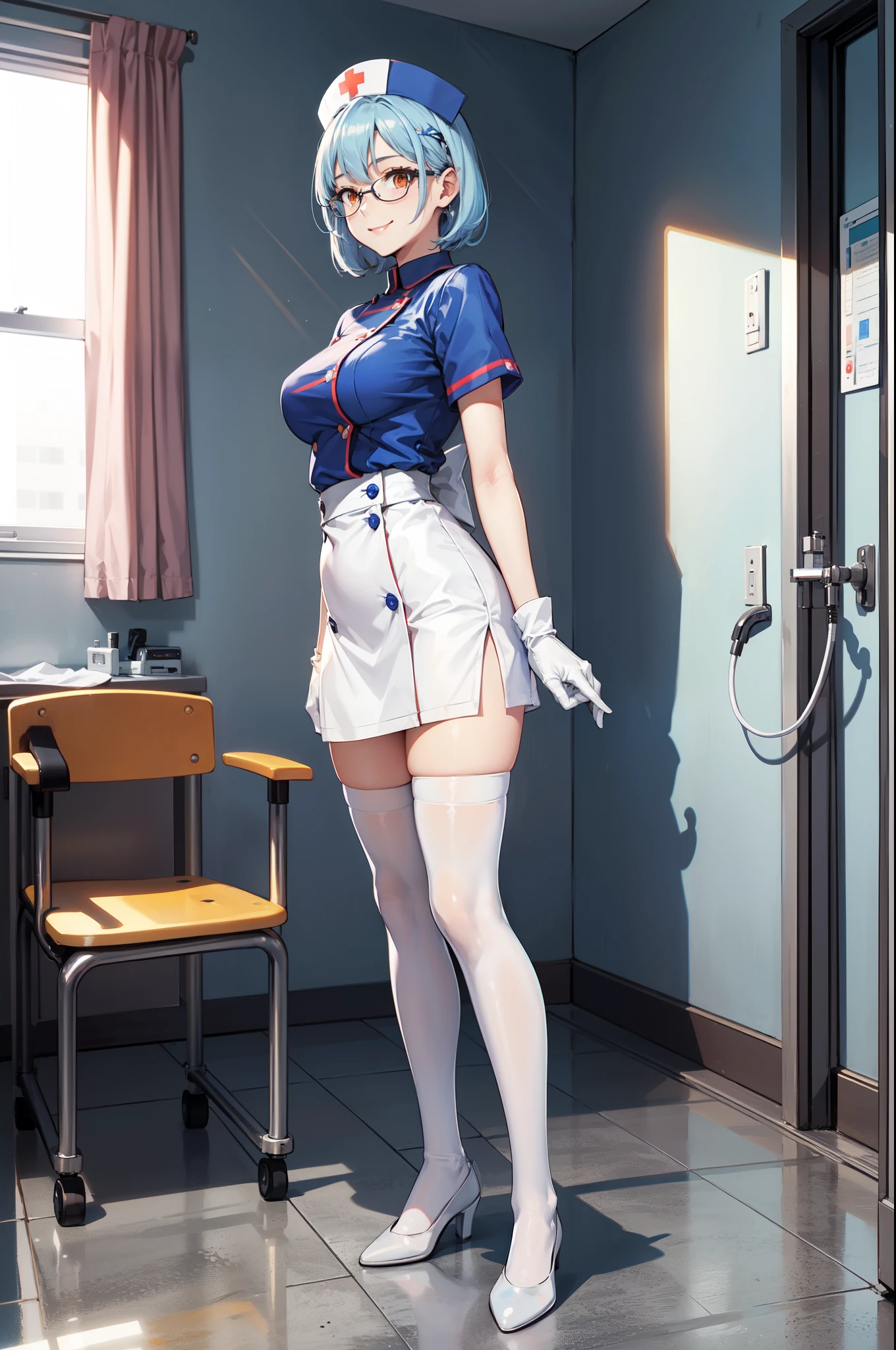 <lora:doa_nico:0.7> nico, 1girl, lab coat, shirt, skirt, laboratory, sitting, chair