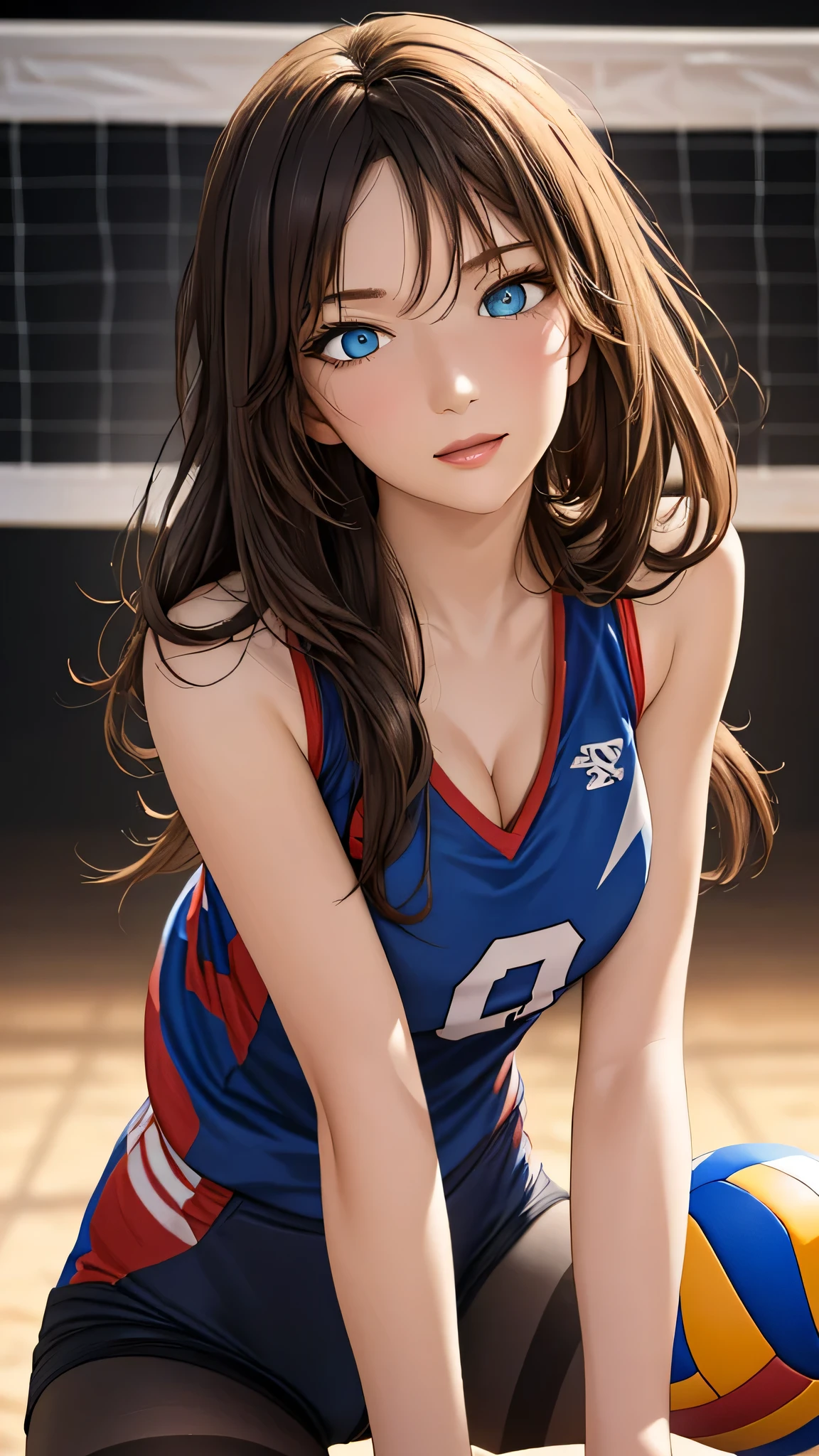 (Best Quality, 4K, 8k high resolution, masterpiece:1.2),  very detailed, 1 person, Bewitching Woman, (Long Hair,  blue eyes), sexy vibe , Attractive legs, attractive breasts,  Magic Hour,(( volleyball player)),(( black pantyhose)), ((Sexy Wear)),(( shorts)),(()),(()),Focus on individuality ,   fine and beautiful eyes ,  beautiful lip detail,  Long eyelashes,  Vivid Colors, Photo Spot,Soft and warm colors,