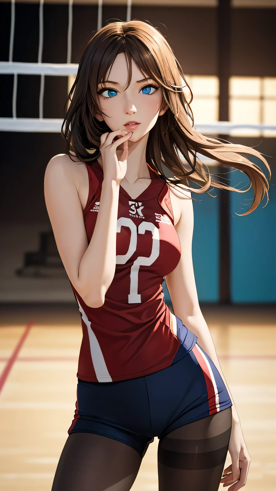 (Best Quality, 4K, 8k high resolution, masterpiece:1.2),  very detailed, 1 person, Bewitching Woman, (Long Hair,  blue eyes), sexy vibe , Attractive legs, attractive breasts,  Magic Hour,(( volleyball player)),(( black pantyhose)), ((Sexy Wear)),(( shorts)),(()),(()),Focus on individuality ,   fine and beautiful eyes ,  beautiful lip detail,  Long eyelashes,  Vivid Colors, Photo Spot,Soft and warm colors,