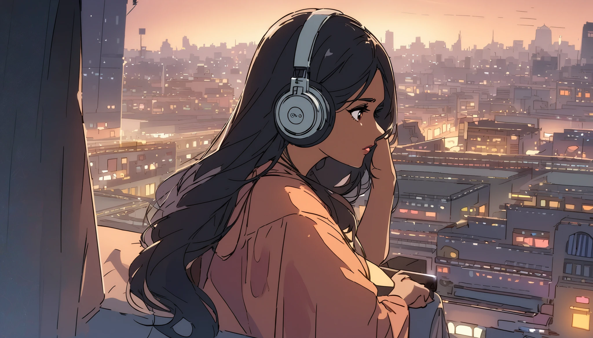 night、Girl listening to music in a cozy room, Use headphones, 2D Style Anime,  Rain outside the window、Analog Color Theme、Ghibli style、neon, naked, completly naked, close up, detailed background, chill, detailed outdoor, detailed face, city light, long hair, smile, large breast