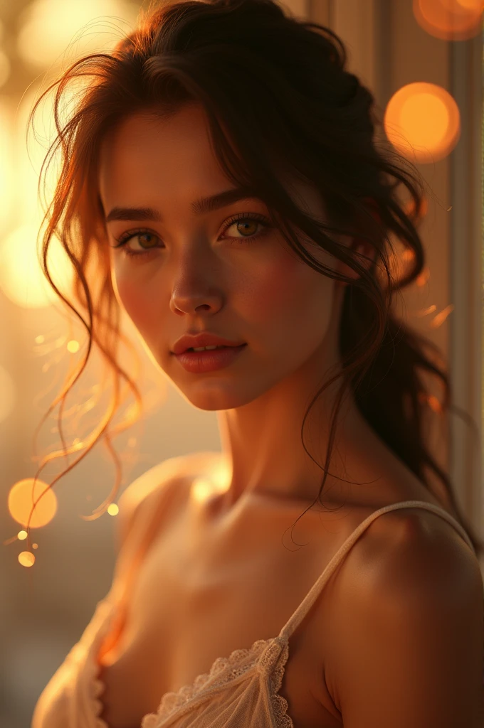 raw photo, 1young girl, kawaii, brown eyes, unique, individual, distinctive face, extremely detailed eye and face, fair skin, lace cute bra, beautiful breasts, upper body, (Best Quality, highly detailed:1.2) High-definition raw color photos, professional photograpy, Realistic portrait, sunset shining through the window, breathtaking beauty, from the side