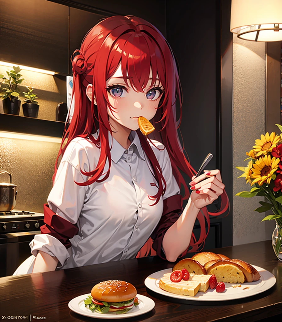 Best Category-Visual Arts: "orange hair, A woman with flamboyant outfit and cute eyes, ready to eating (((cake red 🍒)))dinner table set against the backdrop of New York City. The scene is in a red and orange color scheme, giving it a warm and vibrant ambiance."