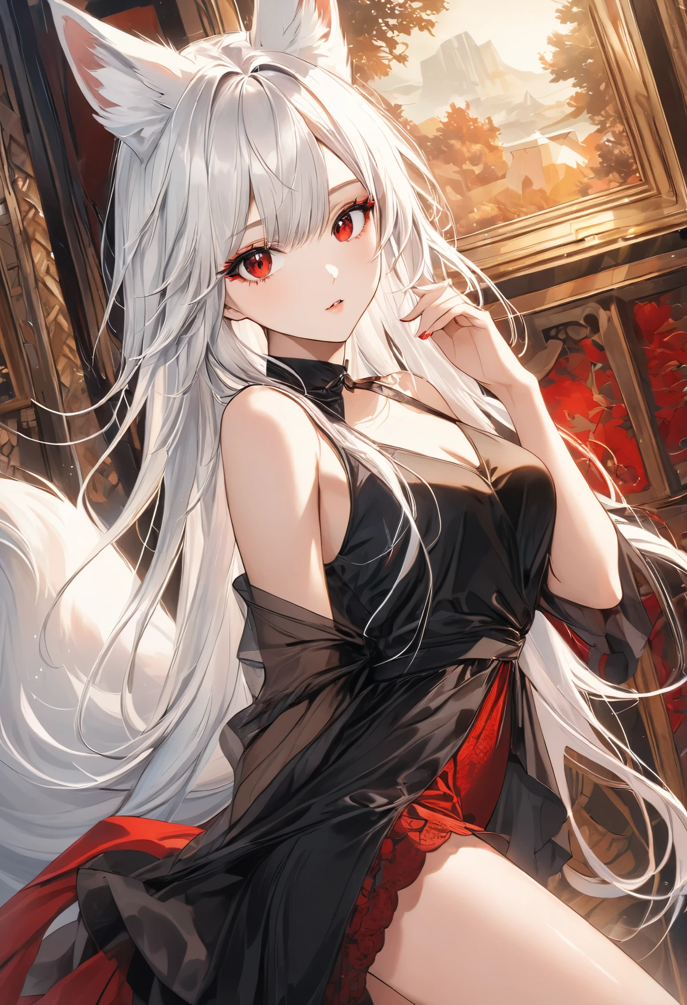  Thin and Soft Painting Style、((Red eyeliner)), The Fox's Sexy Sister 、White Hair、long hair、 fox ears、Fox&#39;s Tail、Slanted Eyes、 Red Eyes,Sexy Illustration 、 beautiful background