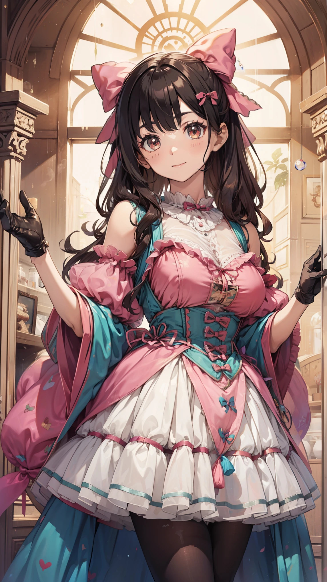 Highest quality, masterpiece, Highest Resolution, romantic,woman, ((10 years old)),The girl is a princess,((Dark pink satin fabric)),Dark pink victorian dress, ((Gorgeous princess rococo ball gown dress with voluminous full-length hoop skirt)),Long sleeve,Long dress,A dress with lots of ruffles and ribbons...,luxury,((Palace Bedroom)),((Huge Victorian canopy bed)), (Large ruffled silk pink curtains),Long Hair,Princess、Sitting on the floor、The Fouquet skirt opens wide、As beautiful as a flower in full bloom。