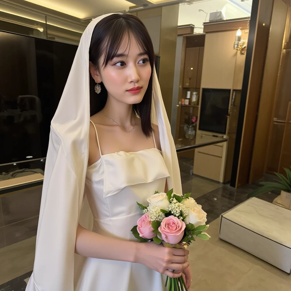 Beautiful girl, wavy hair, strapless wedding dress, earrings, necklace, tiara, veil, bouquet 